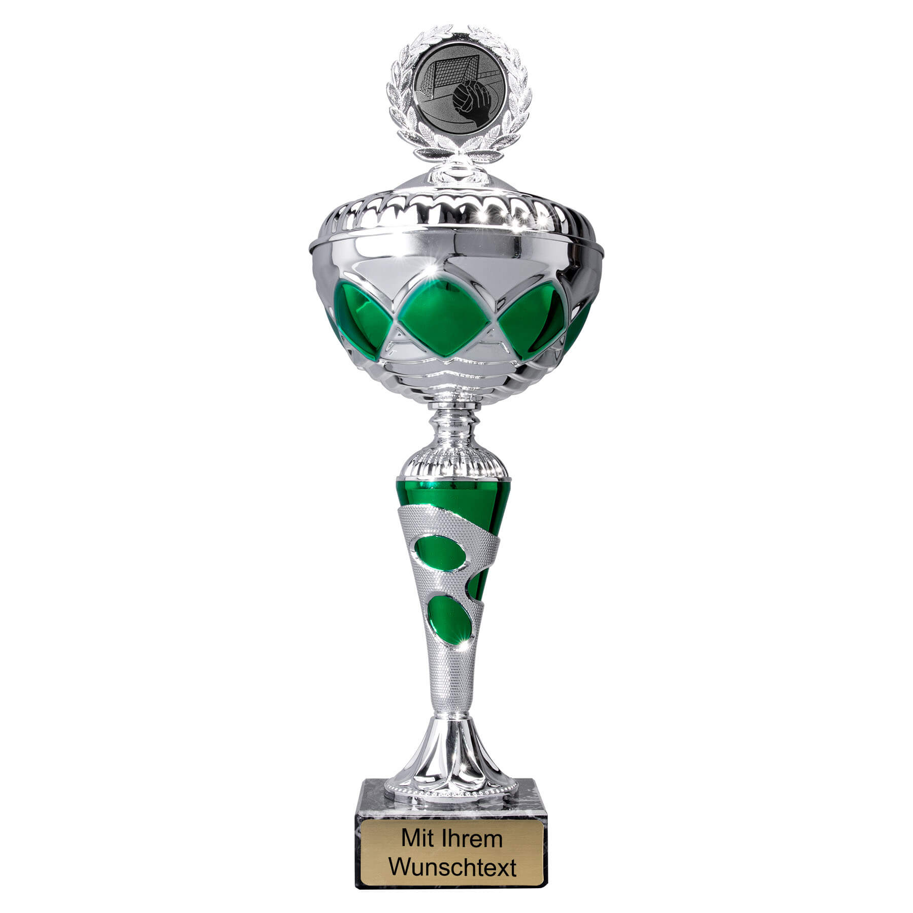 Produktbild von Handball-Pokale 10er Serie 59740 silber-grün mit Deckel