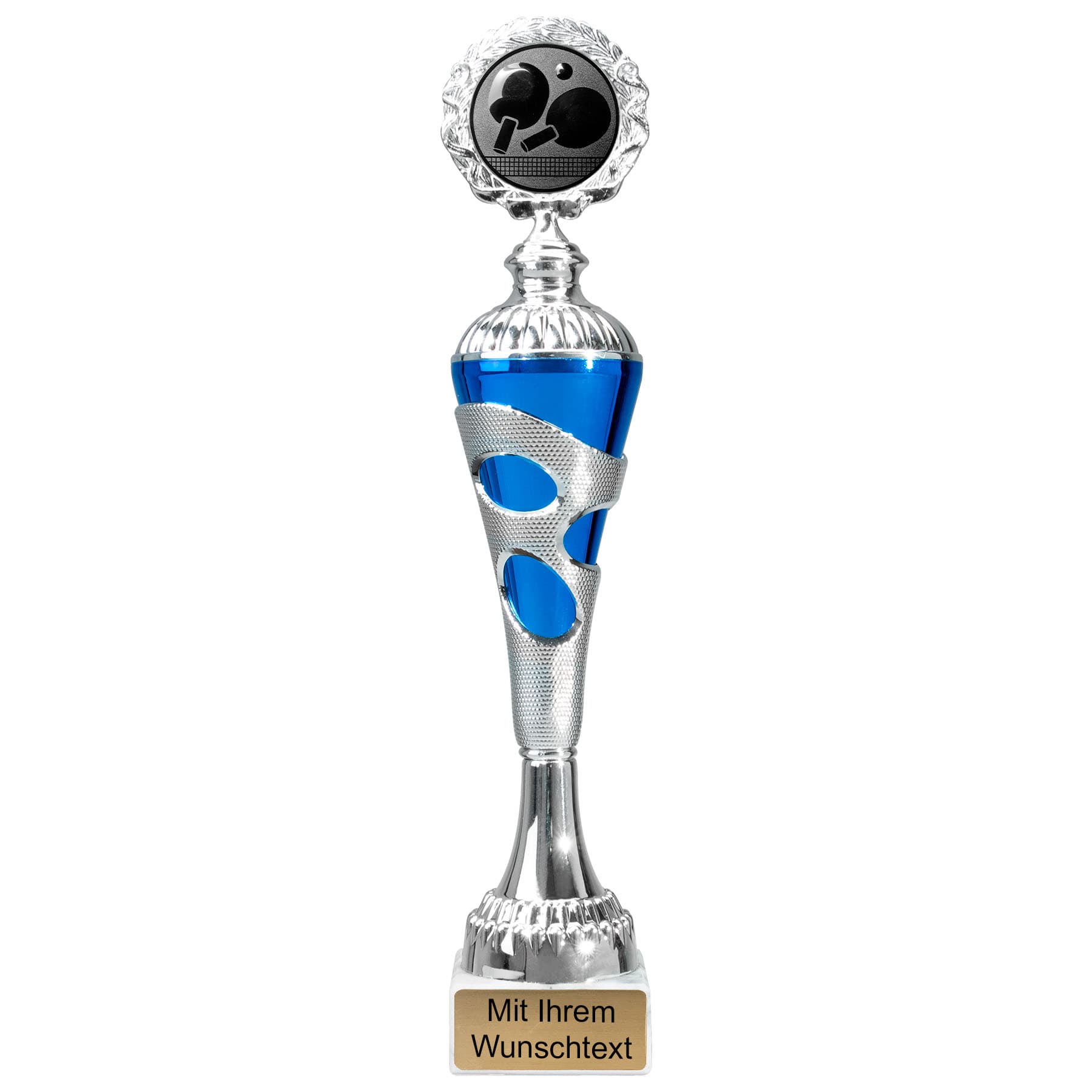 Produktbild von Tischtennis-Pokale 6er Serie 54680 silber-blau mit Deckel