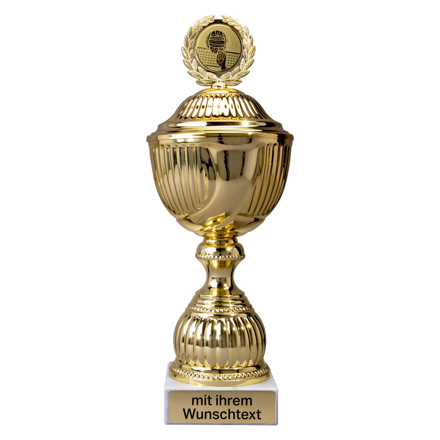 Produktbild von Volleyballpokale 12er Serie 59220 gold mit Deckel
