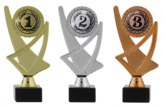 3er-Serie extravagante Sport-Pokale mit Wunschgravur/Emblem gold/silber 