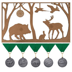 Jagdscheibe "Weidmann" mit Jagd-Medaillen und grünem Band 